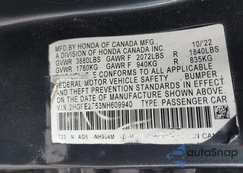 2022 Honda Civic Sport from USA, damaged, VIN 2HGFE2F53NH609940